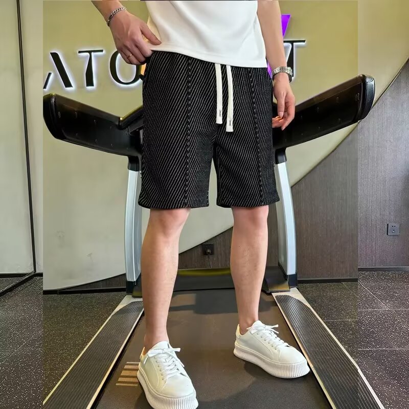Trendy Men's Summer New Versatile Five-Point Pants Light Luxury Korean Style Vertical Striped Casual Pants Fashionable Handsome Loose Beach Shorts