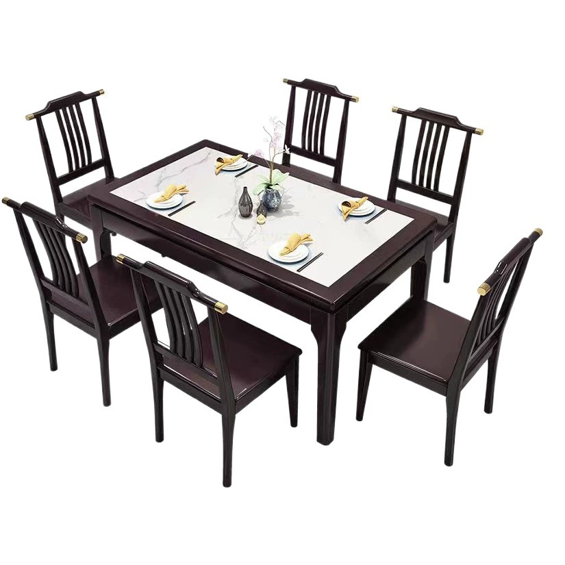 Новый китайский стиль Полностью твердая древесина Прямоугольный светлый Роскошный обеденный стол и стул из цельного дерева Комбинация Бытовой обеденный стол в дзен-стиле Обеденный стол Каменная плита