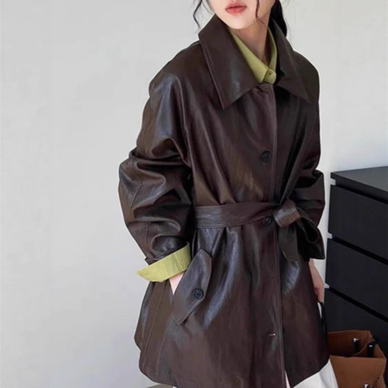 Women's Leather Jacket 2025 New High-End Style, This Year's Popular Mid-Length Casual Spring & Fall Popular Silhouette Lapel Women's Leather Jacket 2025 New High-End Style, This Year's Popular Mid-Length Casual Spring & Fall Popular Silhouette Lapel