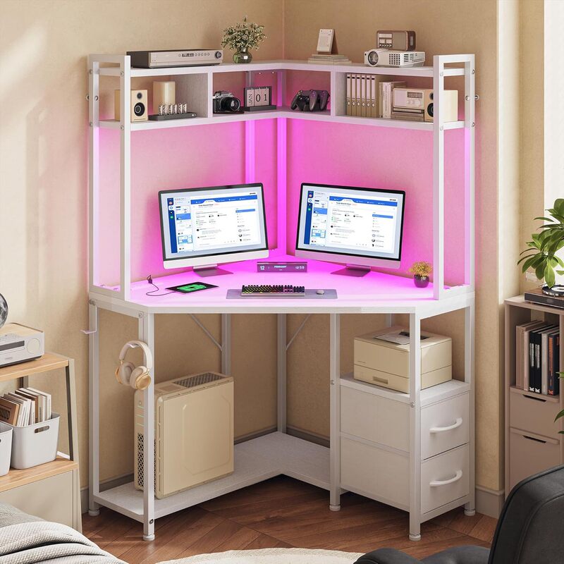 Corner Desk with Drawers and Light Strip, Multifunctional Computer Desk with Multi-Layer Shelves for Printer and Books