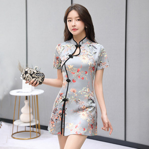 Silver floral retro short Chinese dresses for women girls Improved version of girl's cheongsam young slim fit retro qipao dress short two-piece set