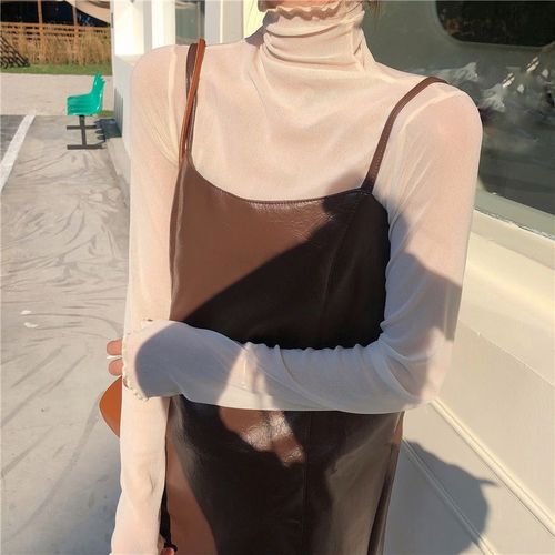 Women's Summer Thin Long Sleeve Lace Camisole Top with High Collar, Mesh Bodysuit, White with Mushroom Edge T-Shirt