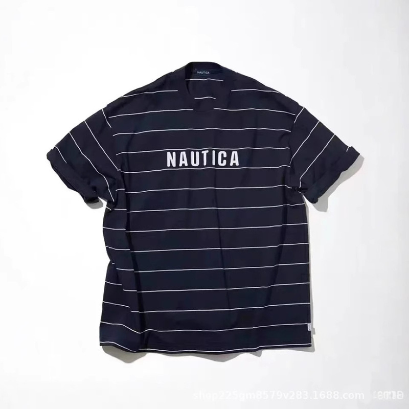 Nautica Pin Border Hasegawa Loose Stripesd Round Neck Short-Sleeved T-Shirt