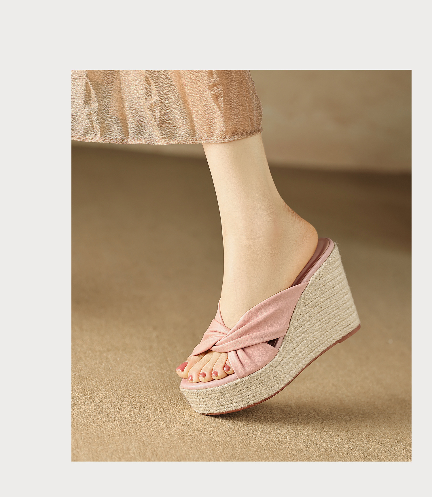 Sandal cao gót nữ quai chéo hở mũi đế xuồng bện cói gót 9 cm — màu thiên thanh, màu hồng chi tiết 17