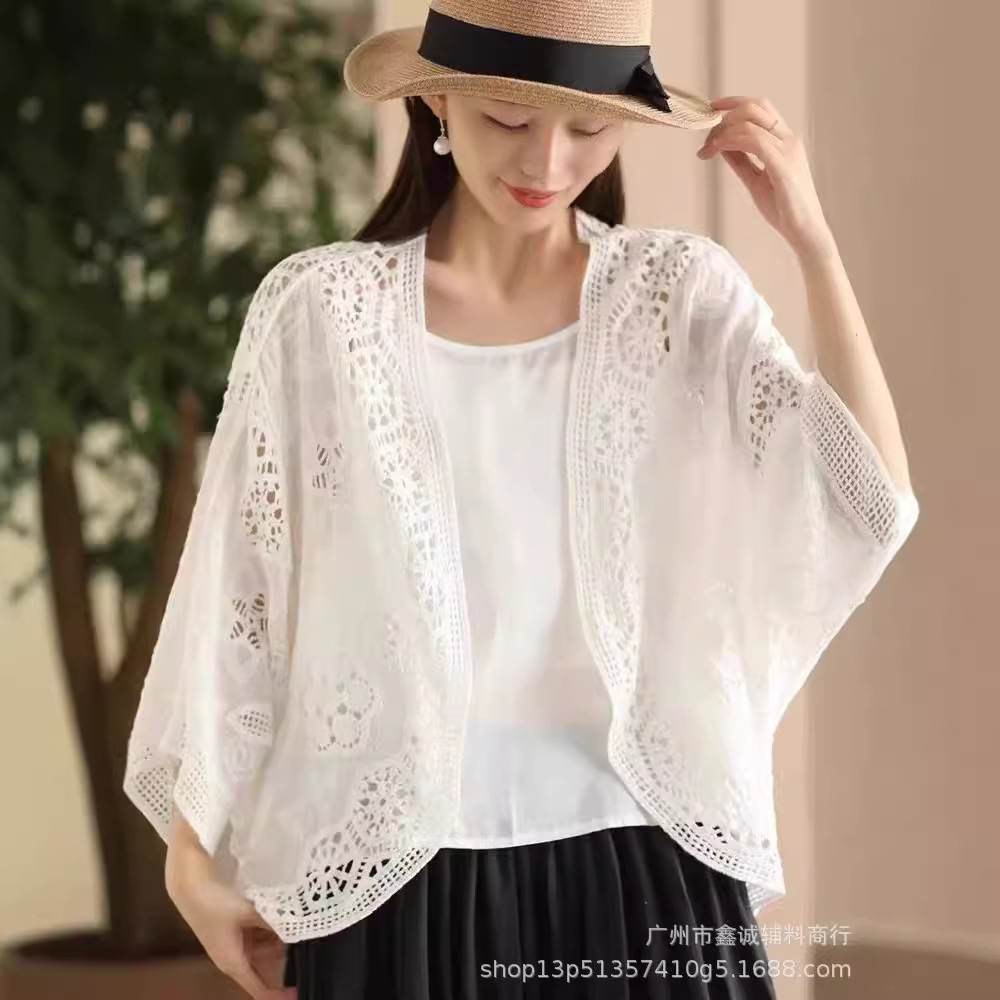 Retro industria pesada hueco gancho diseño sensación de vestir cardigan de punto de verano de mujeres temperamento superior bordado blusa image 7