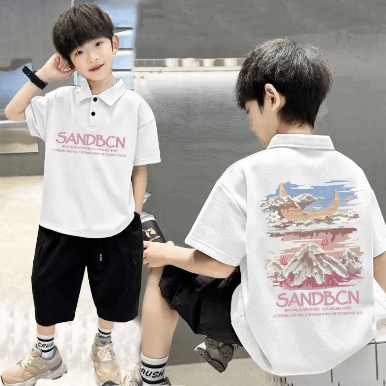 Boys casual short-sleeved Polo head national trend printed pure cotton children's short-sleeved summer fashionable Korean version mid-to-big children's trend