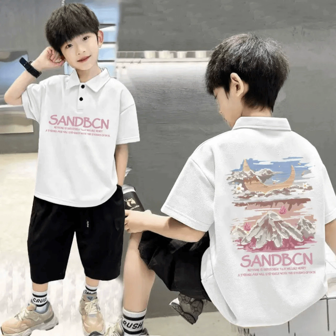Boys casual short-sleeved Polo head national trend printed pure cotton children's short-sleeved summer fashionable Korean version mid-to-big children's trend