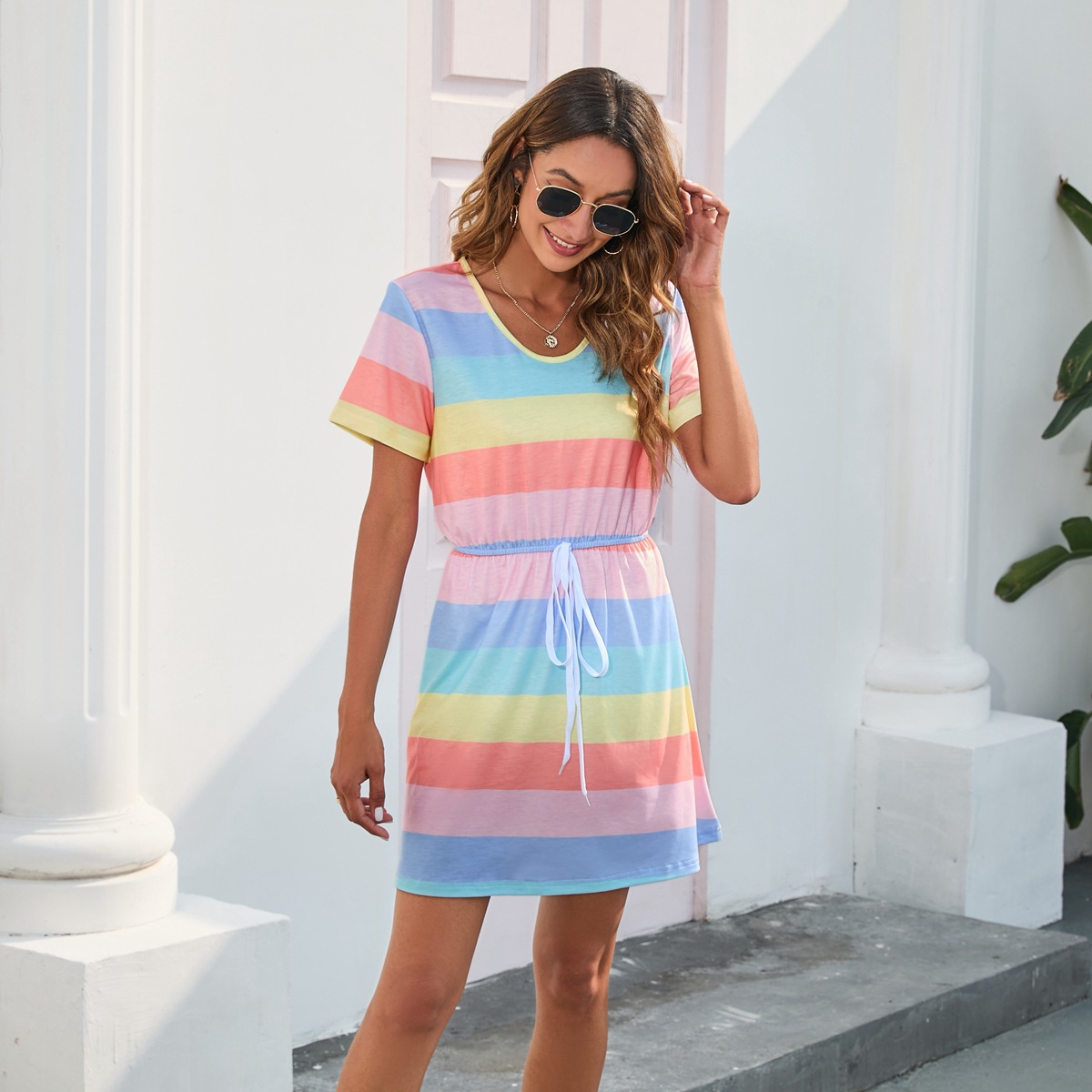 Women Round Neck Striped Printed Jumpsuit Short Sleeve Pajamas Casual Dress