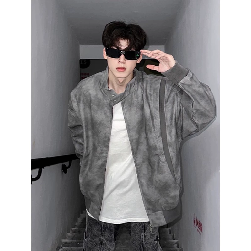 Весенняя кожаная бейсбольная куртка с принтом тай-дай, мужская модная уличная стильная крутая винтажная байкерская куртка с воротником-стойкой