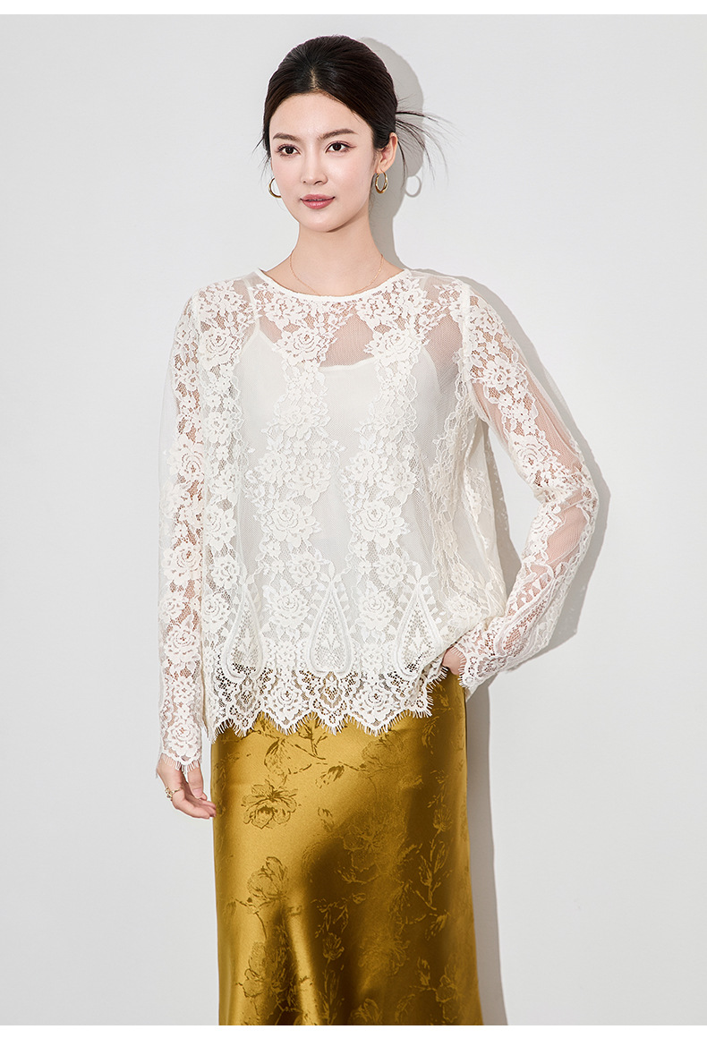 Áo sơ mi ren jacquard phong cách Pháp thanh lịch tay dài — Màu hồng chi tiết 16