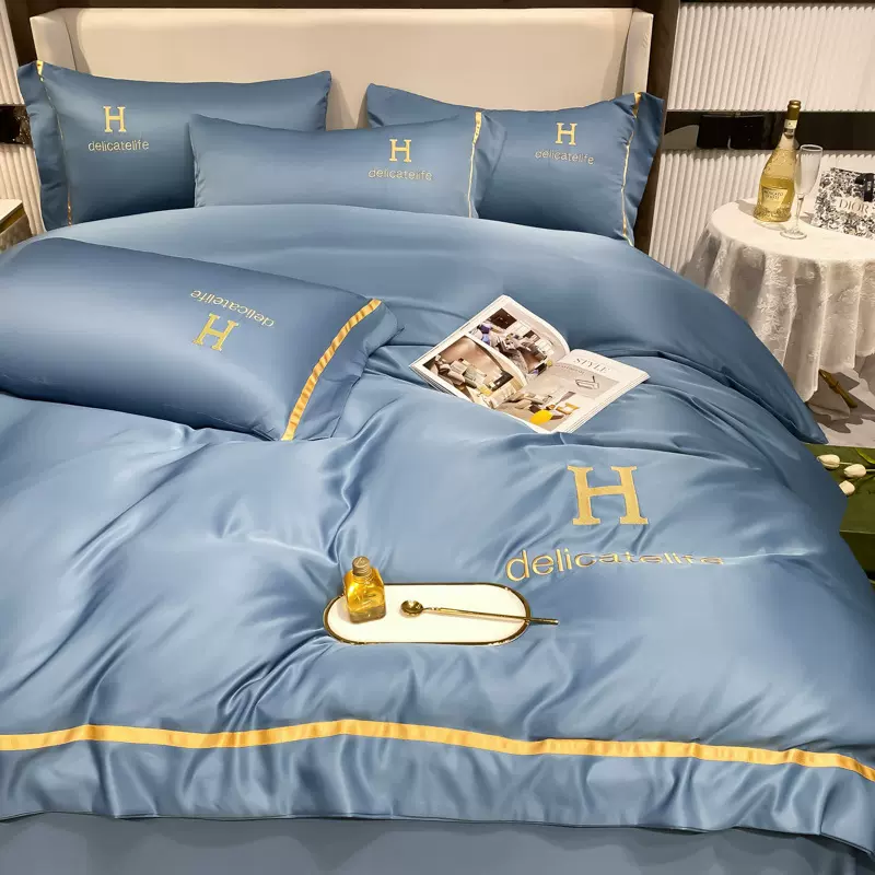 水洗真丝刺绣四件套冰丝被套床单床笠夏天丝床上用品厂家代发批发