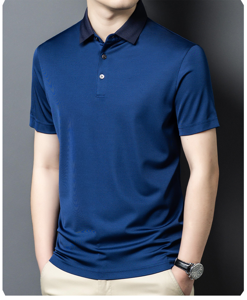 Áo polo nam tay ngắn lụa dâu tằm mỏng nhẹ, không đường may, form tay lỡ thoải mái — Màu xanh lam 25087 chi tiết 8