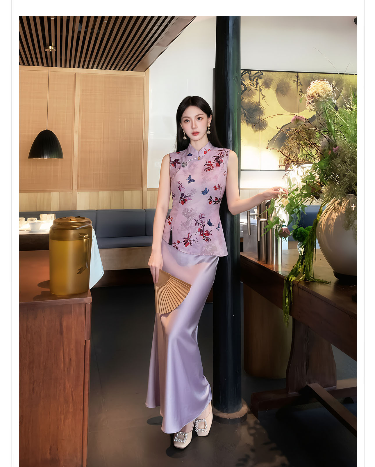 Áo gile nữ cổ đứng không tay họa tiết thêu hoa văn quốc phong — màu tím chi tiết 11