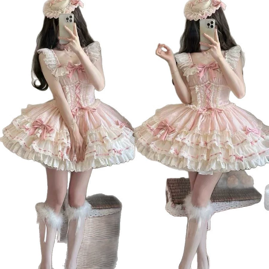 Платье Lolita JSK, рюши и банты, размеры S–XL (70–125 цзинь)
