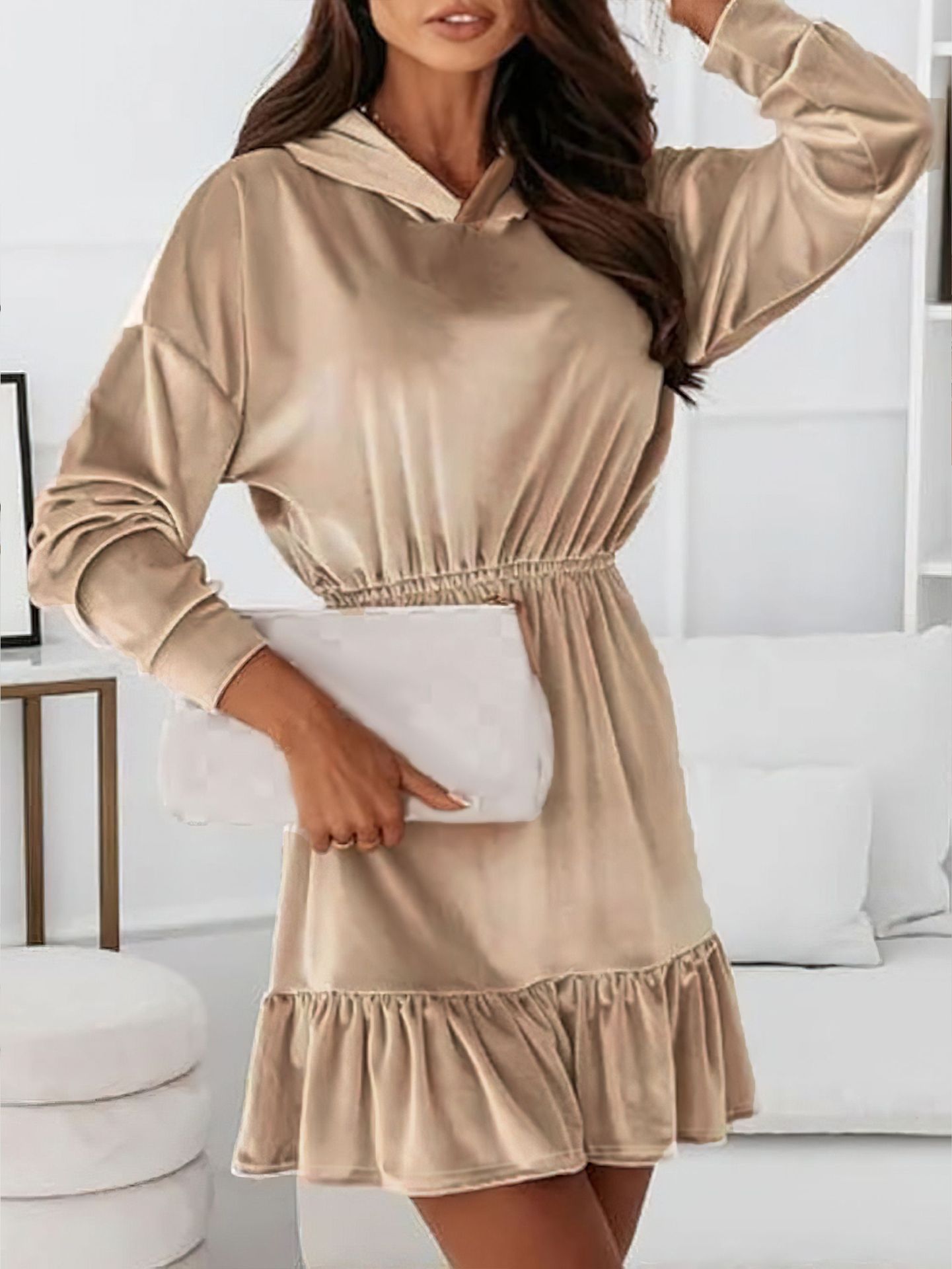 Winter Popular Gold Velvet Casual Hooded Dress