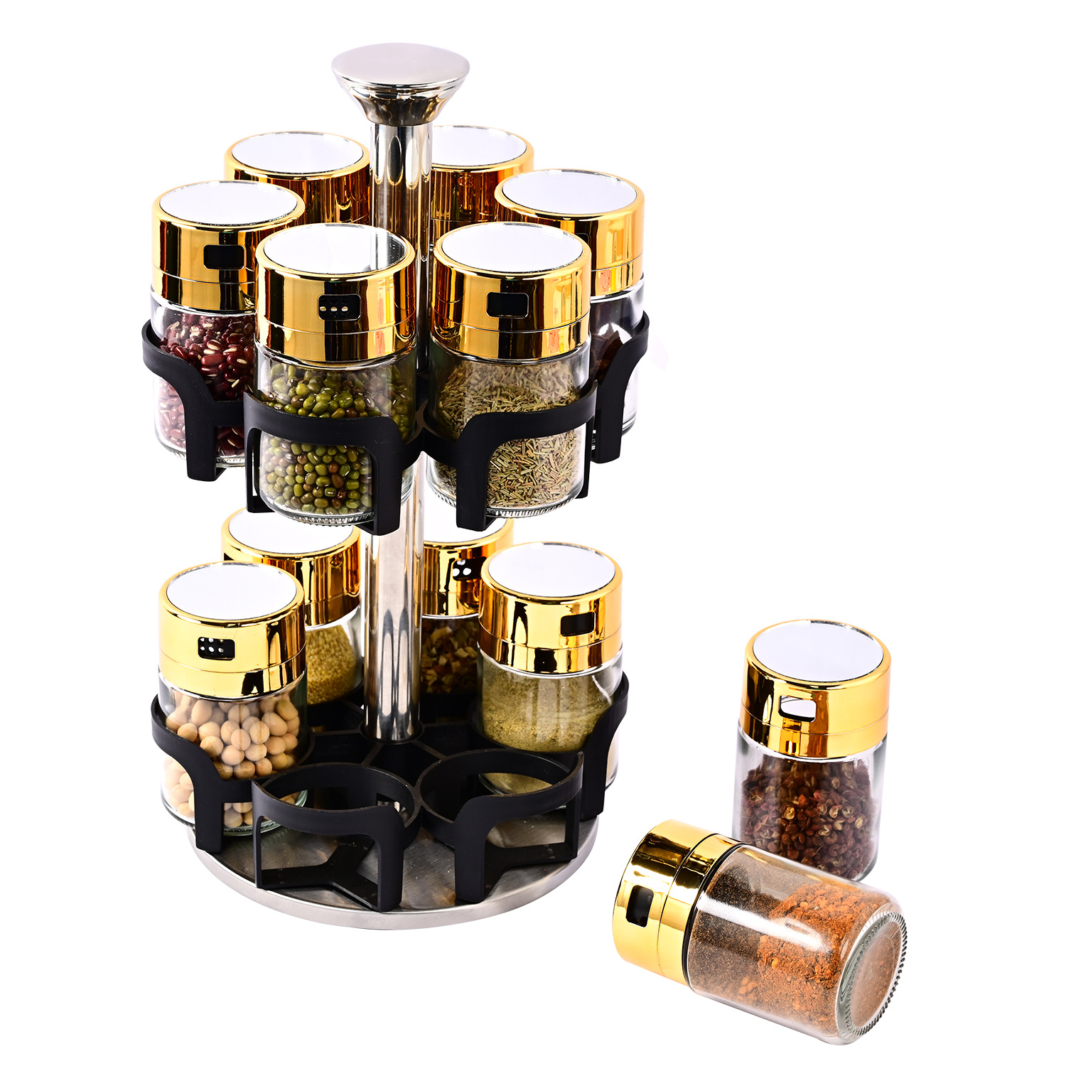 Creativo nuevo lujo ligero condimento rack traje a prueba de fugas vidrio condimento tarro sal tarro rotatorio condimento botella cocina suministros