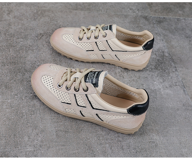 Giày sneaker nữ da bò thật lỗ thoáng khí đế bệt nhẹ phong cách Đức Huấn — màu be chi tiết 14