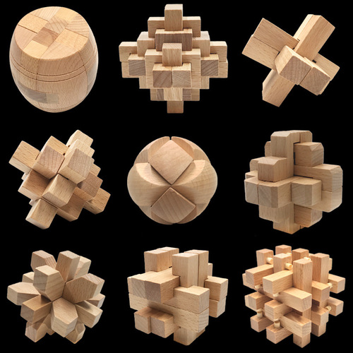Beech wood Kongming lock Luban lock nine-piece set Young children's educational wooden toy set gift box Luban lock 9-piece set