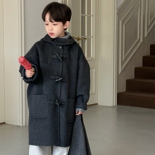 Cheese and Meow Children's Clothing Boys' Wool Coat 2024 New Winter Over-The-Knee Loose Wool Woolen Coat