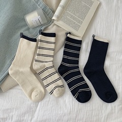 韓國女高ins後跟布標設計拼色堆堆襪條紋百搭學院風中筒襪少女襪