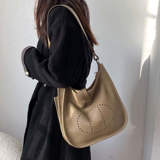 Genuine Leather Evelyn Bag Women's Top Layer Cowhide Wide Shoulder Strap Shoulder Crossbody High Hollow Tote Bag Casual Women's Bag