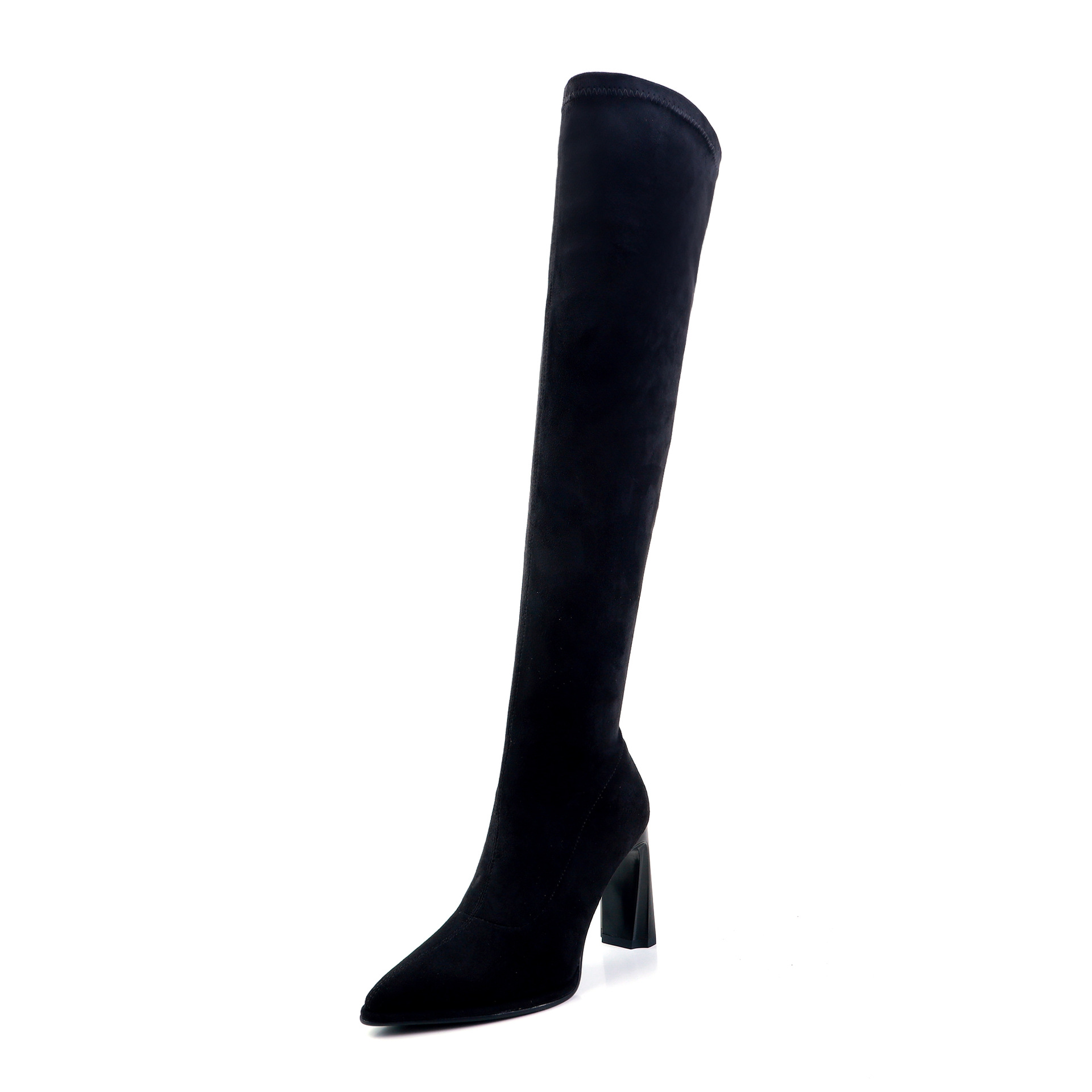 Boot nữ cổ cao quá gối mũi nhọn gót vuông 9cm da lộn co giãn phong cách Hàn Quốc — đen, mơ
