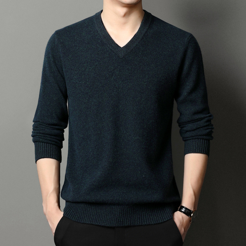 100 양 양모 남자의 두꺼운 따뜻한 긴팔 스웨터 중년 양모 양모 겨울 스웨터 치킨 칼라 V-NECK