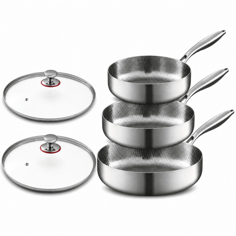 Titanium steel honeycomb non-stick frying pan set, including a lid, for quick heat conduction and easy cleaning – a set of three kitchen cookware items Titanium steel honeycomb non-stick frying pan set, including a lid, for quick heat conduction and easy cleaning – a set of three kitchen cookware items