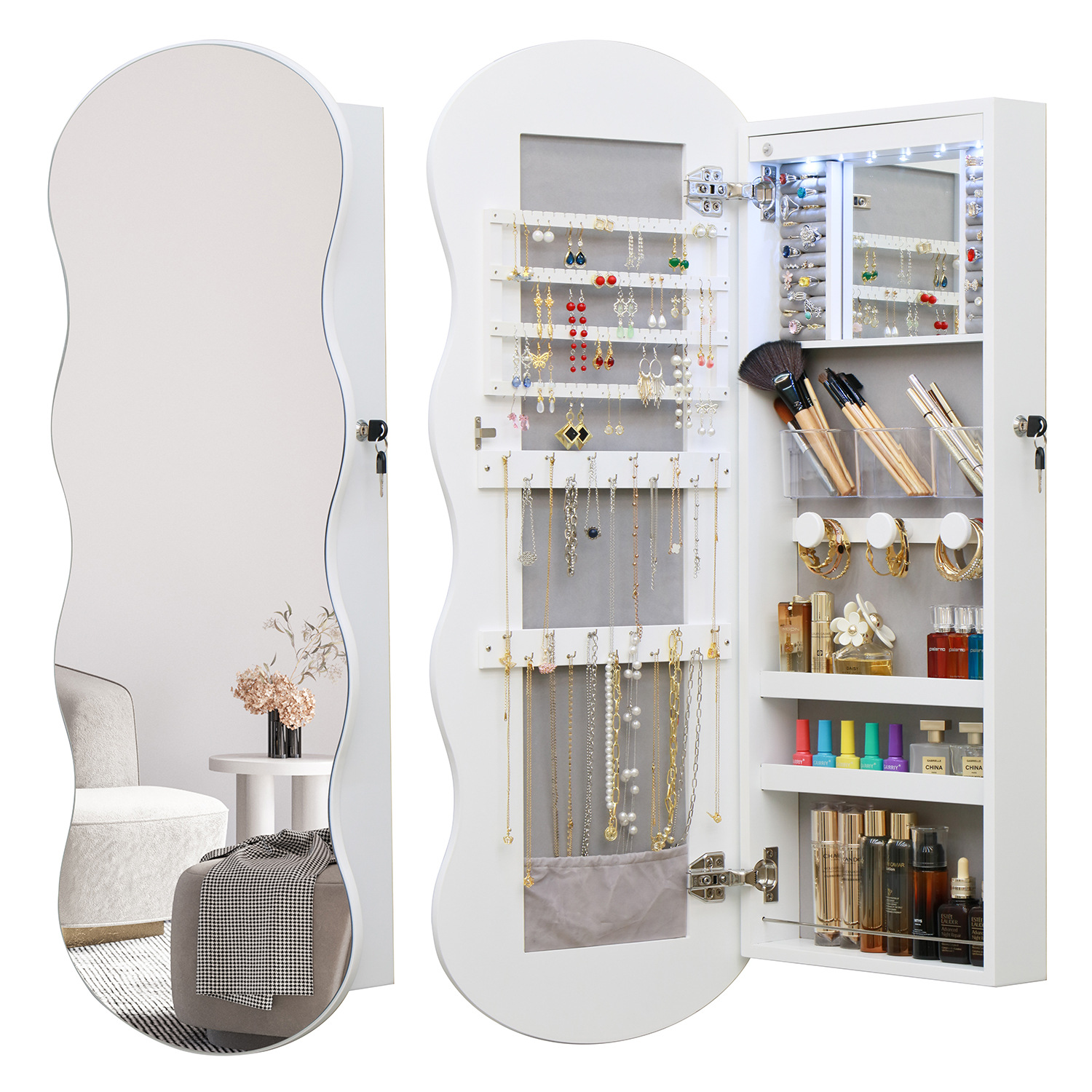 De estilo europeo simple de madera de cuerpo completo de piso vestidor espejo de almacenamiento de la joyería espejo multifuncional gabinete de montaje creativo espejo image 1