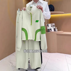 ヨーロッパカジュアルスポーツスーツ女性のための春と秋 2025 新しいファッションカラーブロックスタンドカラースウェットシャツワイドレッグパンツ 2 点セット