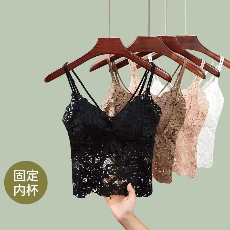 抖音同款性感蕾丝吊带背心女加厚胸垫免穿文胸外穿内搭款美背内衣