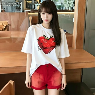 夏季小众减龄爱心草莓印花慵懒休闲宽松纯棉短袖T恤大码男女上衣