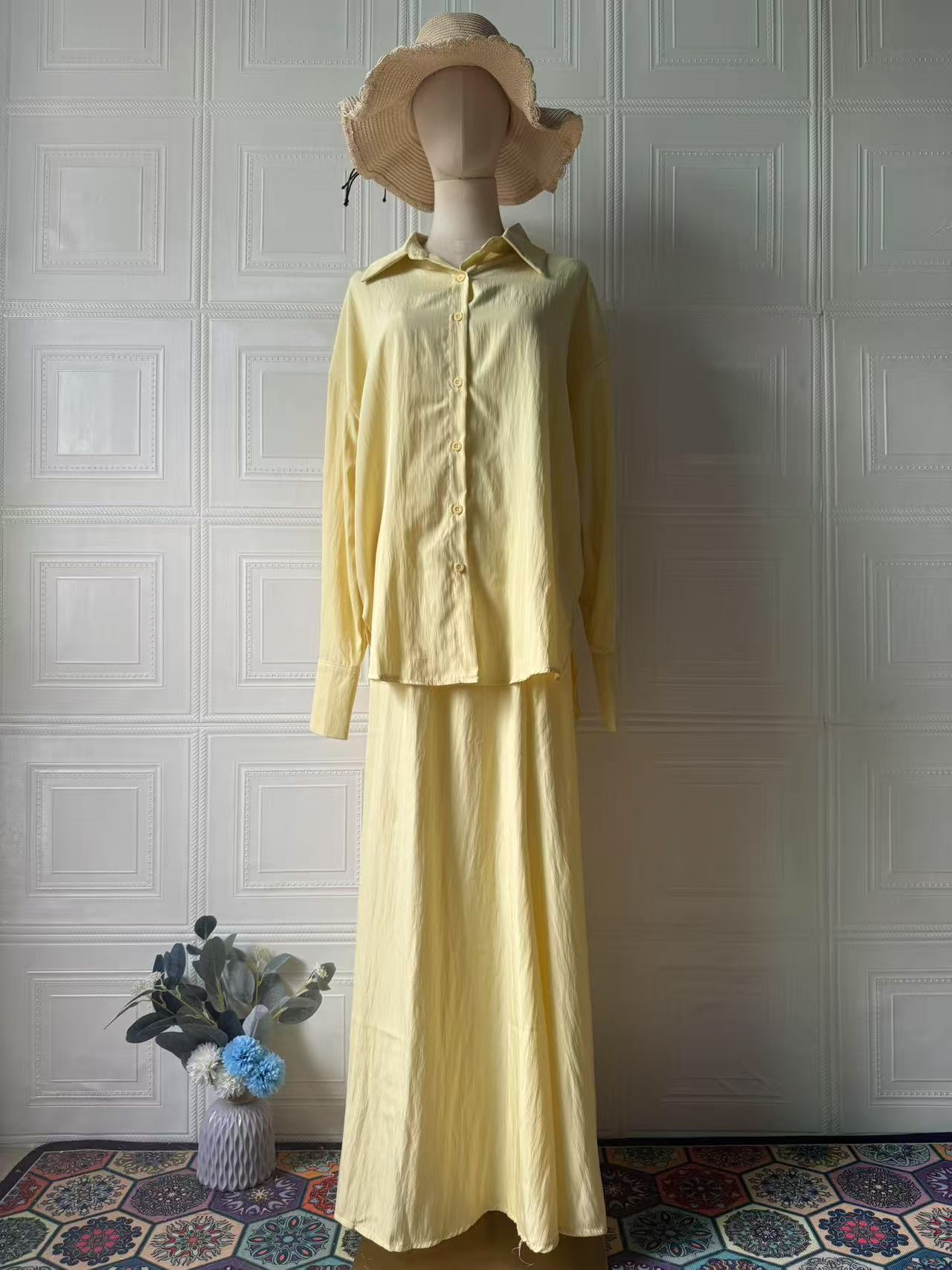 2025 European American Women's Fashion Cross-border Solid Color Elegant Gentle Long-sleeve Top And Long Skirt_ecoleips.com