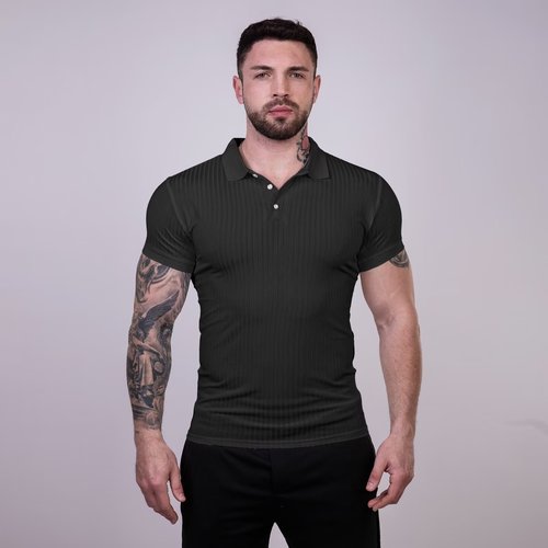 Stylish Muscle Men High-Elastic Knit Wrinkle-Resistant Tailored Polo Shirt for Fitness and Sports, Fashion with a High-End Feel, Short-Sleeved