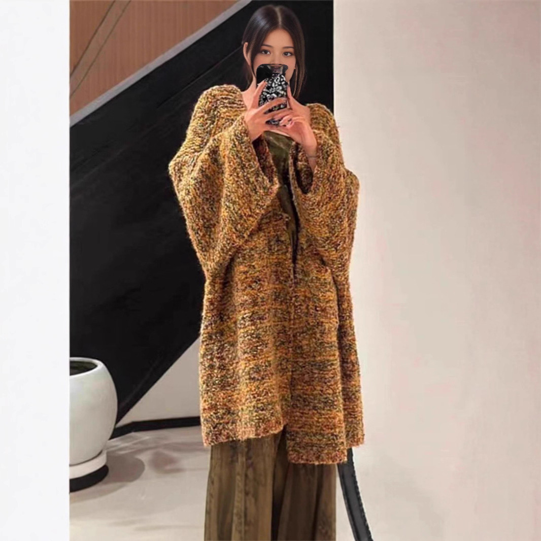 原创正品新款拼色针织开衫女慵懒风设计感宽松休闲毛衣外套女上衣