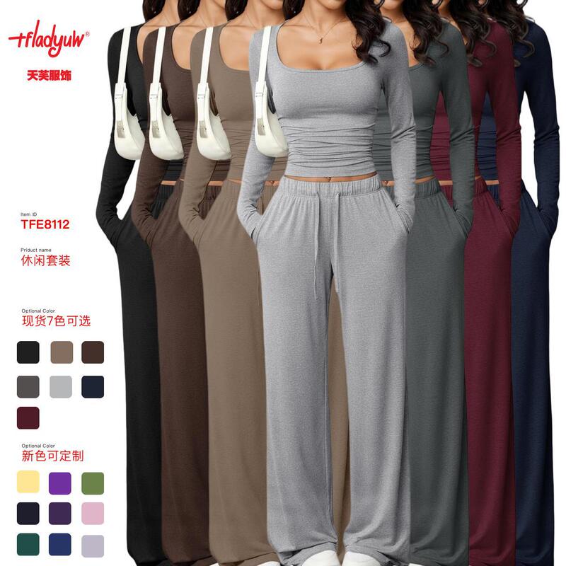 Cross-Border Amazon Autumn New Casual Pants Suit Square Collar Long-Sleeved Short Top European and American Women's Sportswear