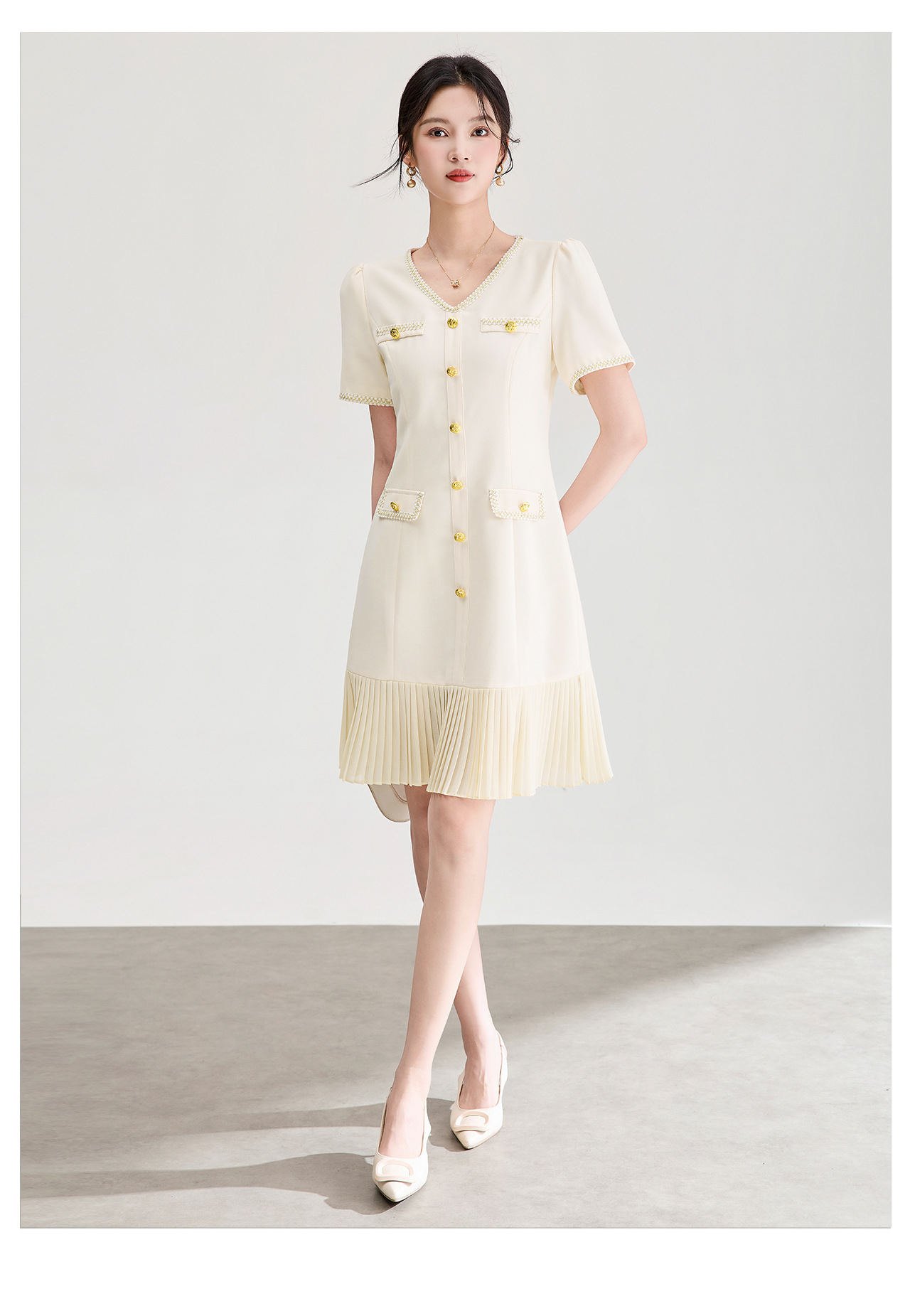 Đầm nữ cổ tròn tay ngắn thắt eo phong cách Chanel — màu đen chi tiết 11