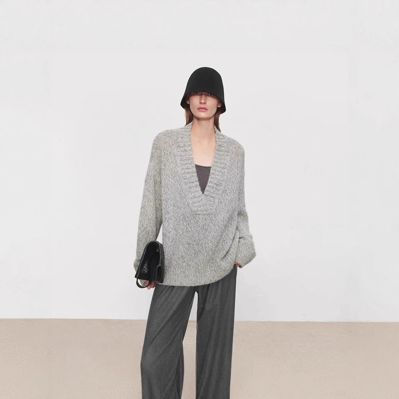 J*C Retro Elegant Deep V Neck Sweater Women's Pullover Thick Needle Marble Pattern Lazy Elegant Loose Knitted Top J*C Retro Elegant Deep V Neck Sweater Women's Pullover Thick Needle Marble Pattern Lazy Elegant Loose Knitted Top