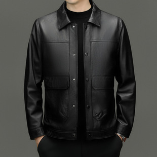 BG-H2251 Spring and Autumn Haining Men's Top-Layer Cowhide Genuine Leather Jacket Men's Lapel Slim-Fit Casual Jacket