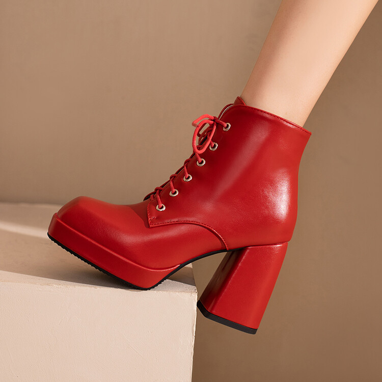 Solid color square head front strap waterproof platform thick heel short leg boots_voghion.com