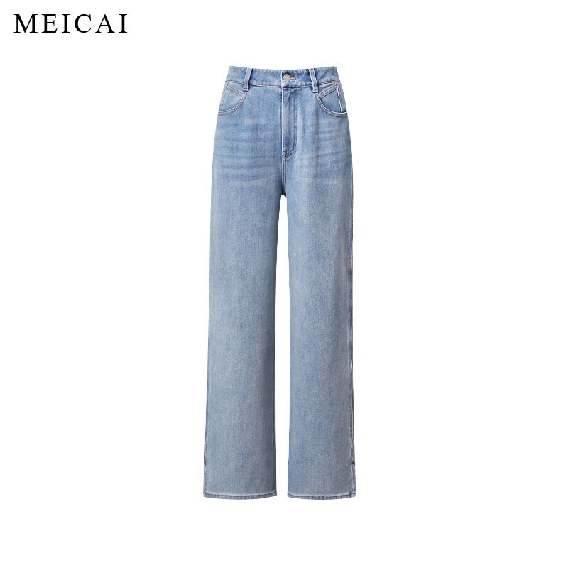 Mei Cai New Jelly Elastic Series Soft Minimalist Fashionable Leg-Slimming Side Slit Straight-Leg Jeans