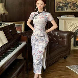 跨境复古风印花褶皱连衣裙女夏改良旗袍水墨画性感包臀开衩中长裙