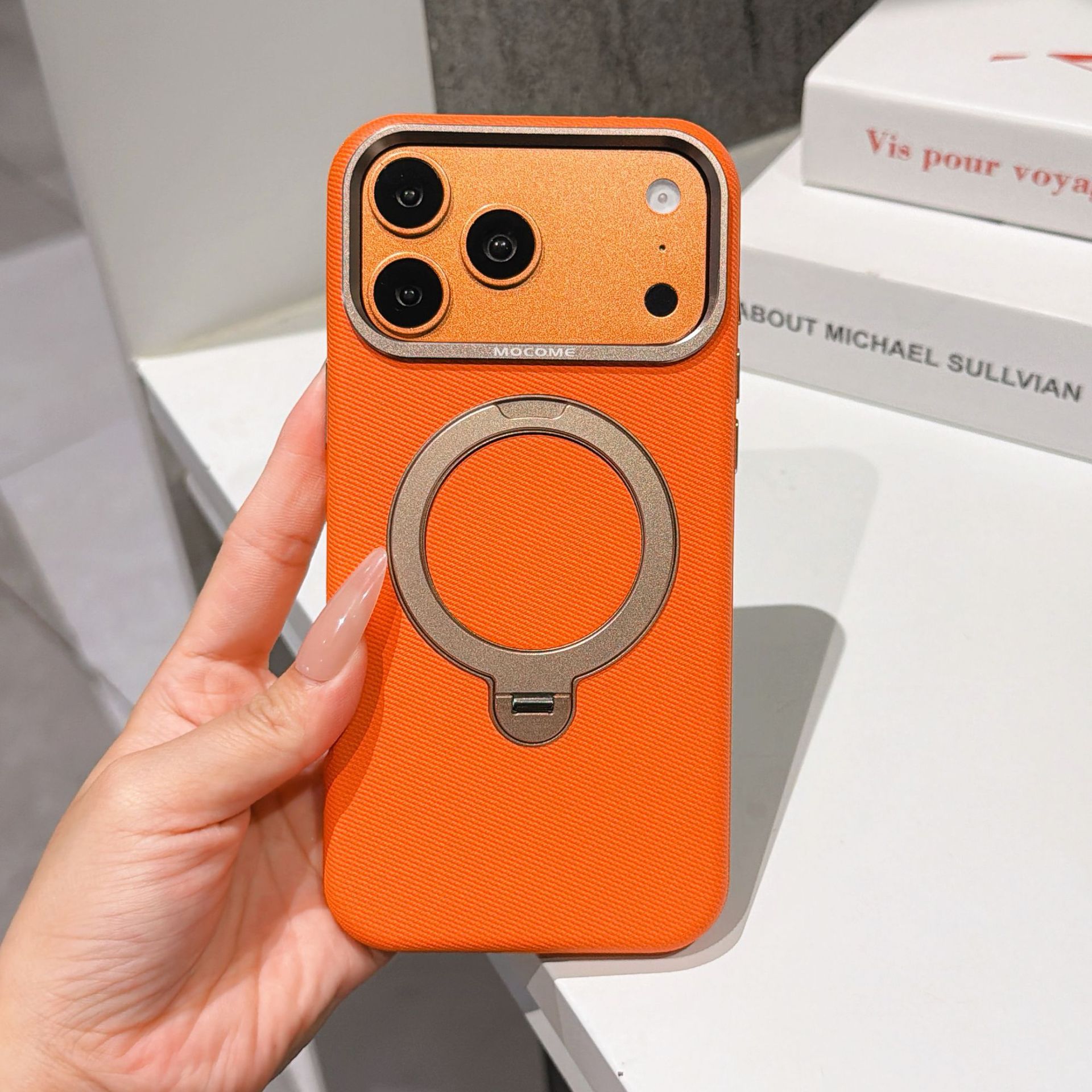 Ốp lưng da iPhone 16/17 Pro Max có vòng xoay 360 độ, nam châm hút, chống sốc viền dày — Đen, Nâu, Tím, Xanh dương chi tiết 2