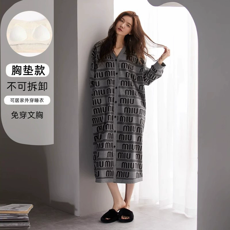 Весна и осень 100% чистый хлопковый ремень нагрудный коврик для женщин с длинными рукавами V-образный вырез ночная юбка сетка красная пижама кардиган средней и длинной