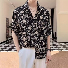 夏季冰丝时尚碎花潮流男士衬衫韩版休闲个性五分袖时尚短袖花衬衫