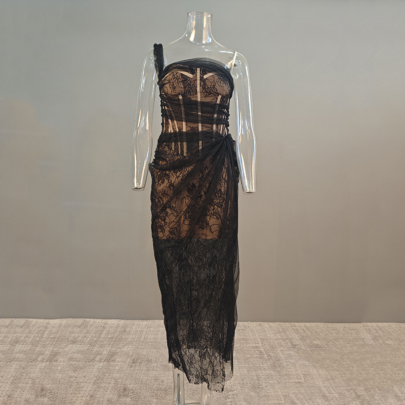 Sofisticato abito bustier in pizzo con corsetto, rete trasparente e vita alta – Elegante abito midi a trapezio per serate e occasioni speciali_voghion.com