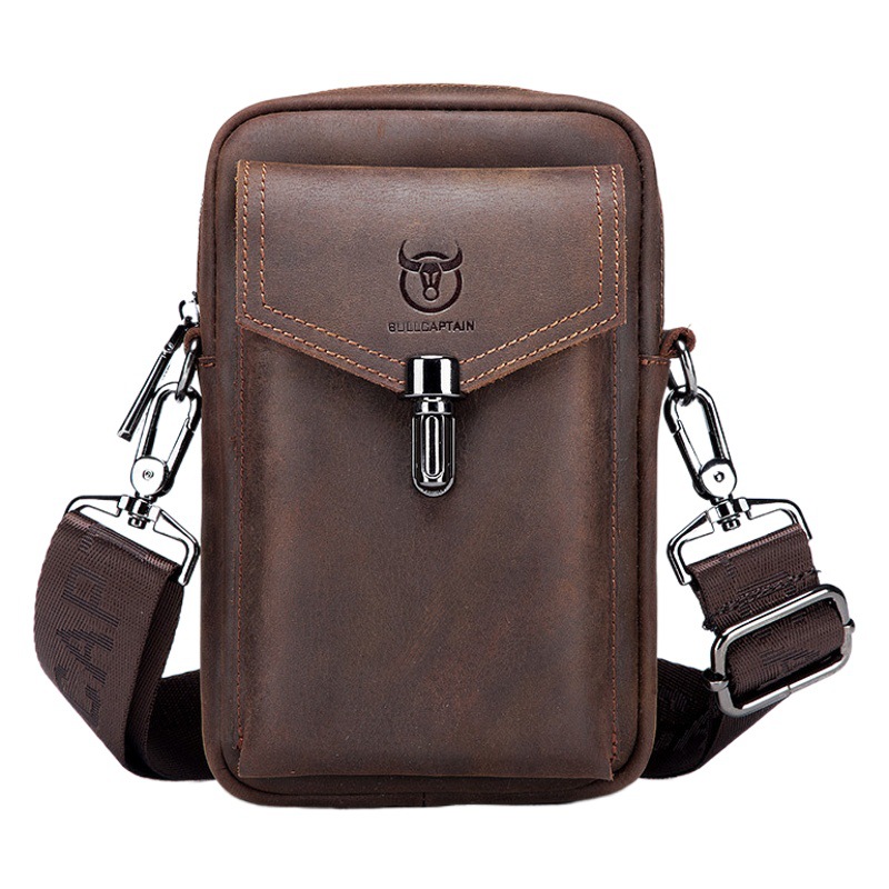 Captain Cow Leather Retro Crazy Horse Leather Mobile Phone Waist Bag Men's Genuine Leather Cowhide Wearing Belt Crossbody Waist Bag Small Hanging Bag