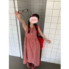 PPHMOE韩chic甜美红色格子背心裙女夏季小个子收腰a字连衣裙长裙