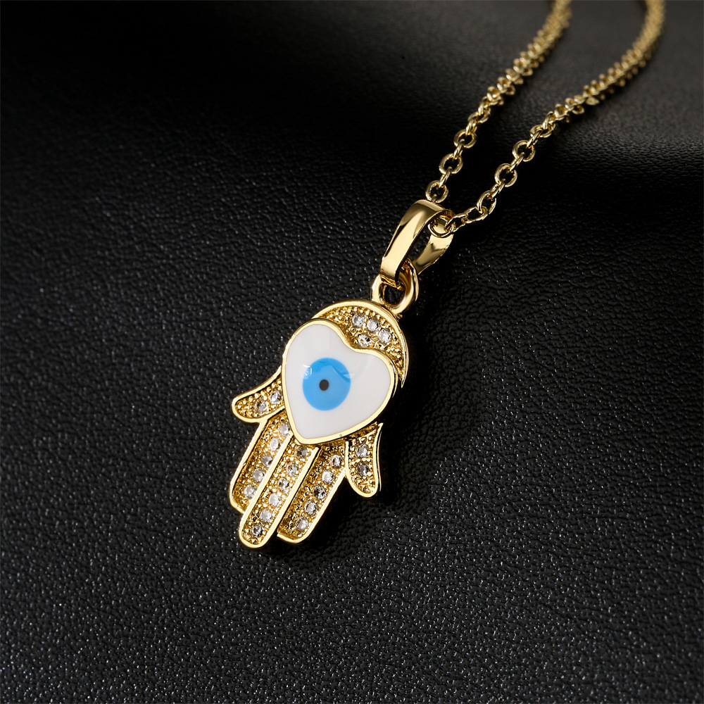 Fashion copper 18K gold drip oil zircon Fatimau0027s hand devilu0027s eye collarbone chain