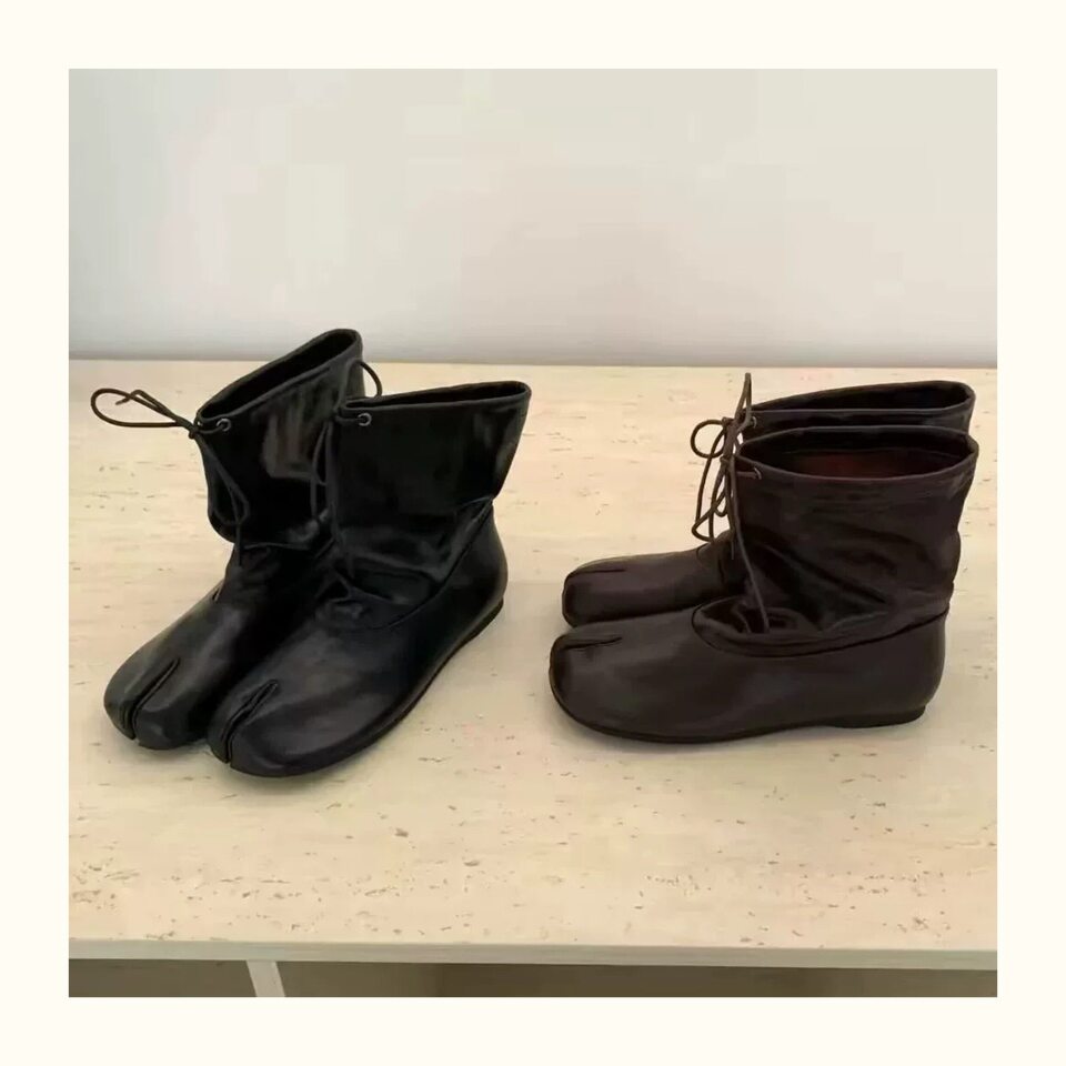 Bốt cổ ngắn nữ da bò xẻ ngón buộc dây ống rộng gót thấp — Màu nâu đậm, màu đen chi tiết 10